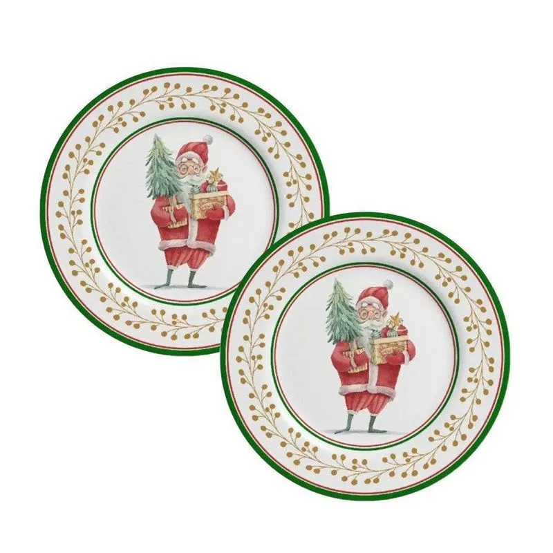 Jg 2 Pratos De Sobremesa Cerâmica Papai Noel Natal Alleanza