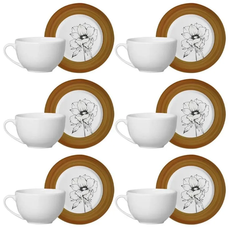 Kit 6 Xícaras Cerâmica Chá Café Pires Flor Minimalista 250Ml