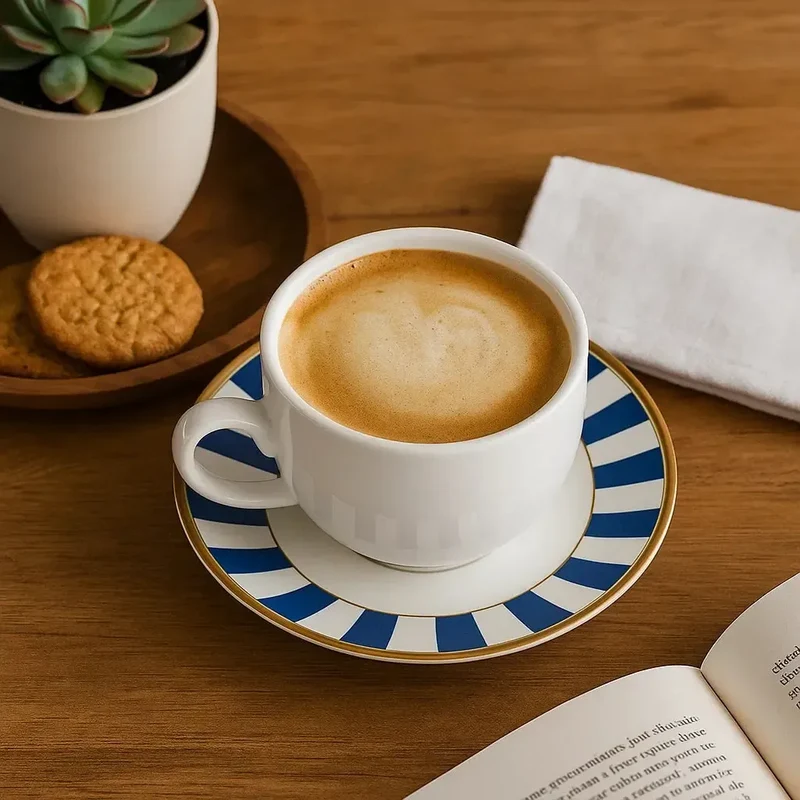 Jogo 6 Xícaras Café Cerâmica Branca Pires Stripe Azul 85ml Alleanza