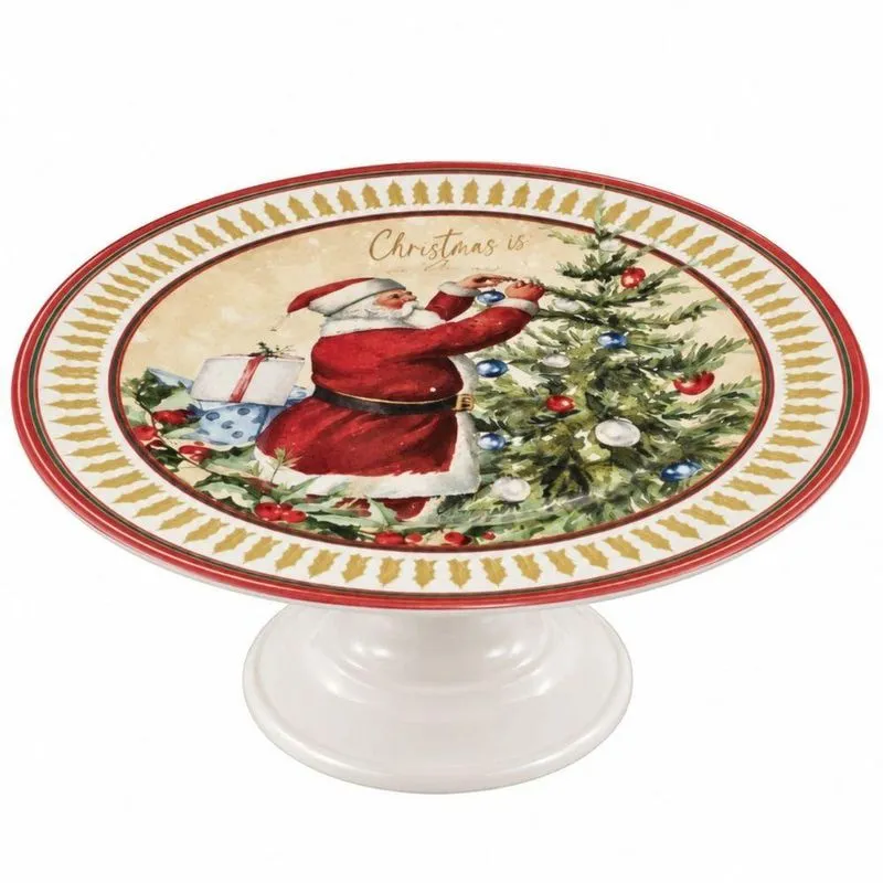 Boleira Cenas De Natal Papai Noel Em Cerâmica Estampa Digital Para Bolo Torta E Docinhos Vermelho