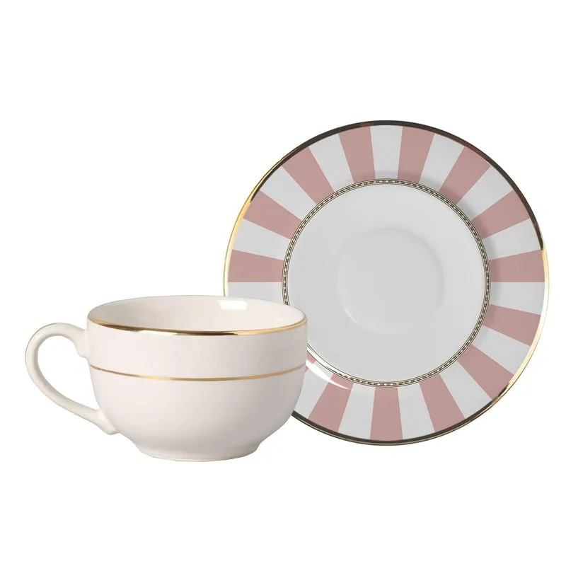 Conjunto Com 6 Xícaras De Chá Com 6 Pires Pink Strip 250 Ml
