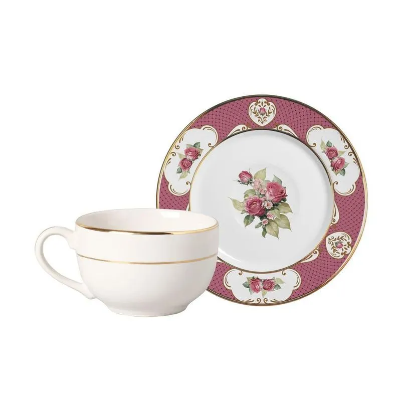 Conjunto Com 6 Xícaras De Chá 6 Pires Singapura Rosa 250 Ml