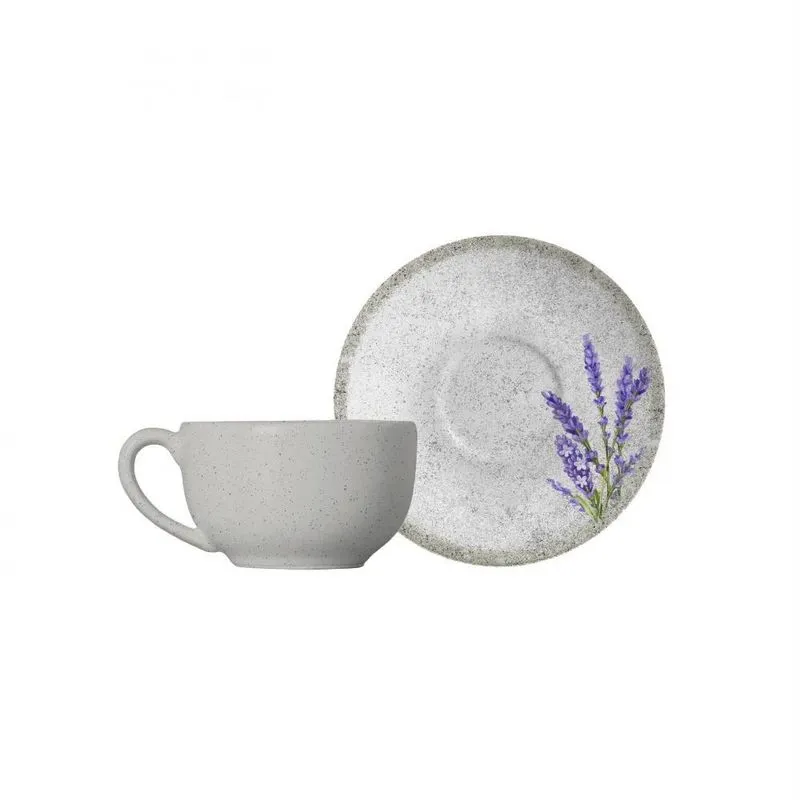Xicara De Chá Café Com Pires 250ml Cerâmica Alfazema Lavanda