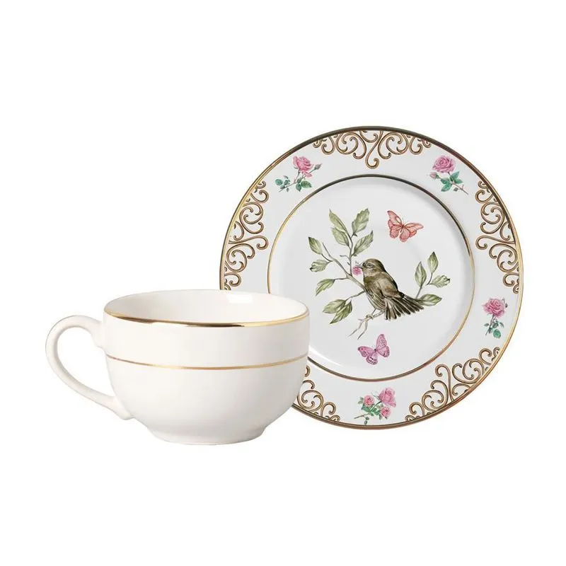 Conjunto 6 Xícaras De Chá Pires Sweet Bird Filete Ouro 250ml