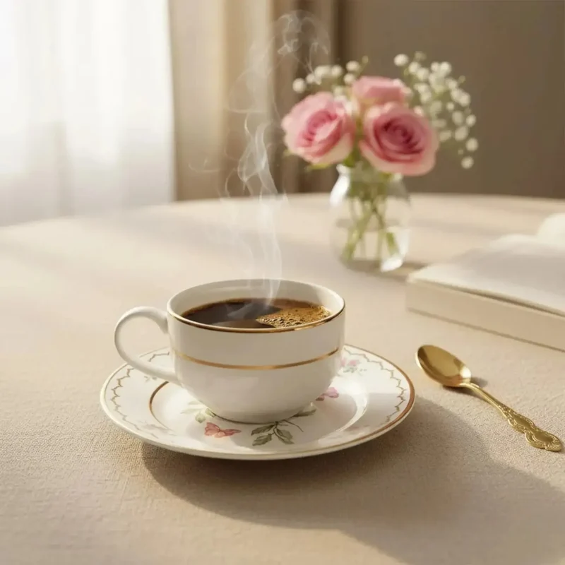 Jogo 6 Xícaras Café Cerâmica Sweet Bird Filete Ouro 85ml Alleanza