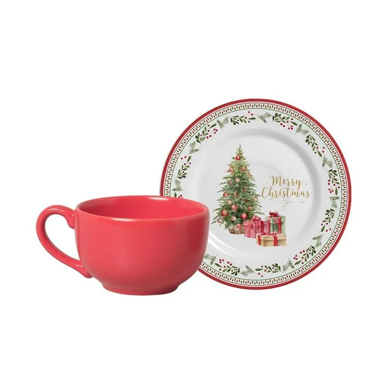 Conjunto 6 Xícaras De Chá Com Pires Merry Christmas 250ml