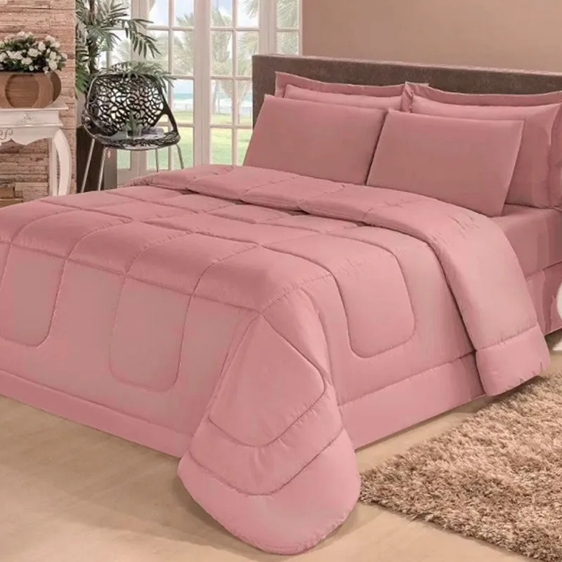 Kit Edredom Confort Casa Dona Dupla Face Casal Queen 6 Pçs Com Lençol Rosé