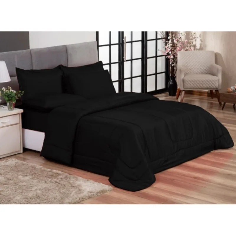 Kit Edredom Confort Casa Dona Dupla Face Casal Queen 6 Pçs com Lençol Preto