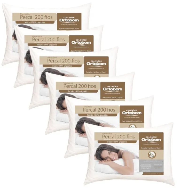 Kit 6 Travesseiros Antialérgico e Antiácaro 100% Algodão Percal 200 Fios Branco Ortobom