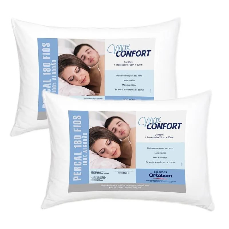 Kit 2 Travesseiros Antialérgico e Antiácaro 100% Algodão Max Confort Ortobom