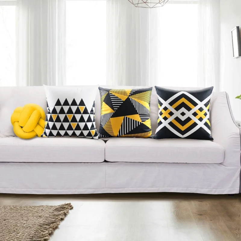 Kit 03 Almofadas Decorativas Geométricas + 01 Almofada Nó Amarelo Casa Dona