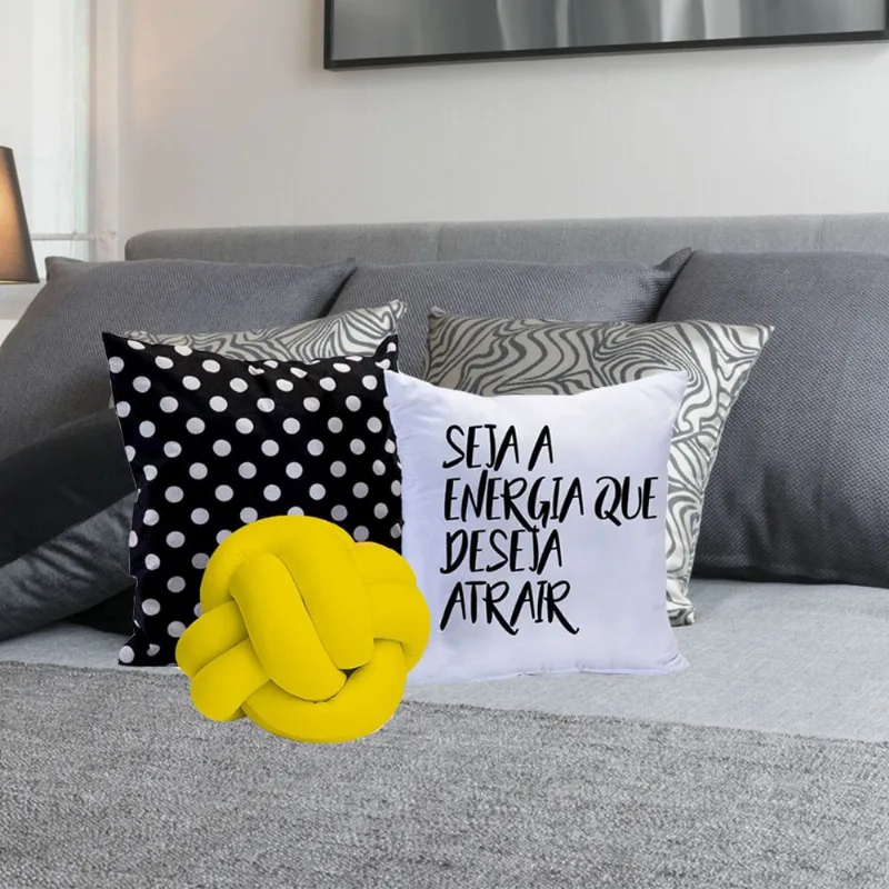 Kit 02 Almofadas Modernas Energia + 01 Almofada Nó Amarelo Casa Dona