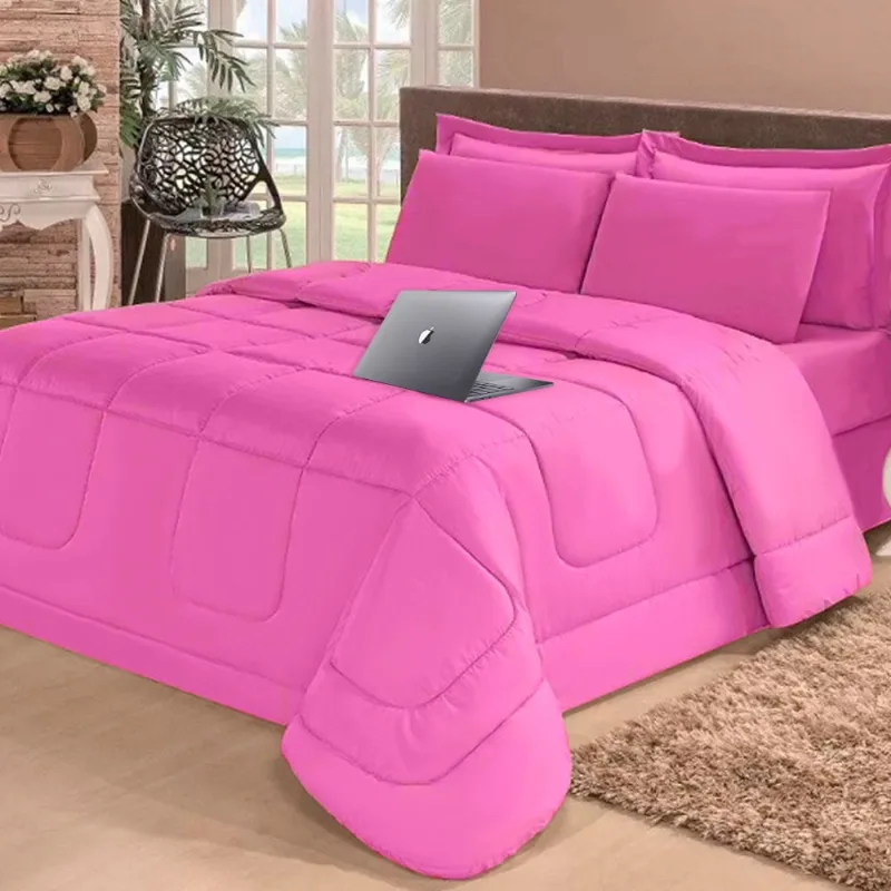 Kit 6 Pçs Edredom Casa Dona Dupla Face Casal Queen Com Lençol Pink