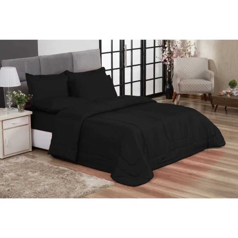 Kit Edredom Casal Queen + Jogo de Lençol 06 peças Aconchego Dupla Face Casa Dona Preto
