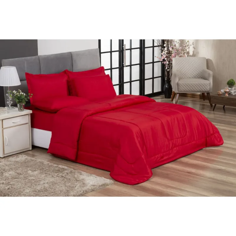 Kit Edredom Casal Queen + Jogo de Lençol 06 peças Aconchego Dupla Face Casa Dona Vermelho