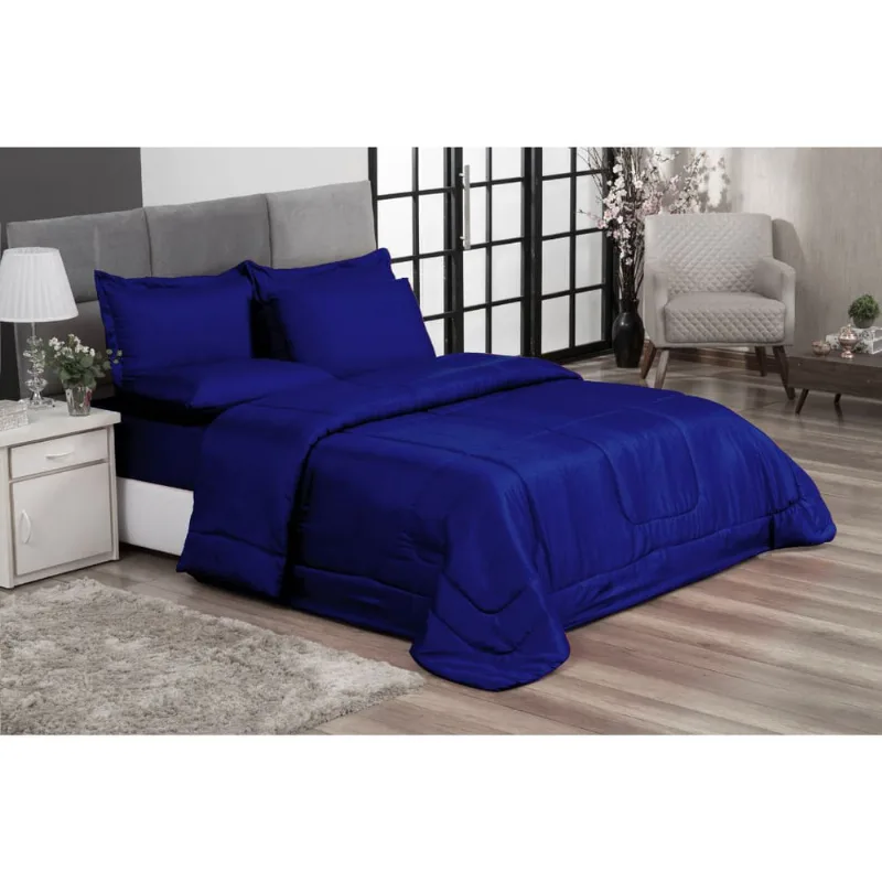 Kit Edredom Casal Queen + Jogo de Lençol 06 peças Aconchego Dupla Face Casa Dona Azul Marinho