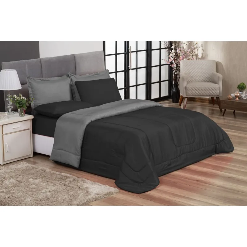 Jogo de Cama Casal 6 peças com Edredom e Lençol Preto e Cinza Casa Dona