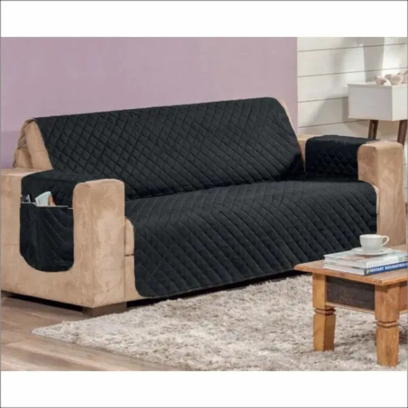 Capa Protetor de Sofá King 3 Lugares Linha Premium Com Porta Controle e Objeto Preto Casa Dona