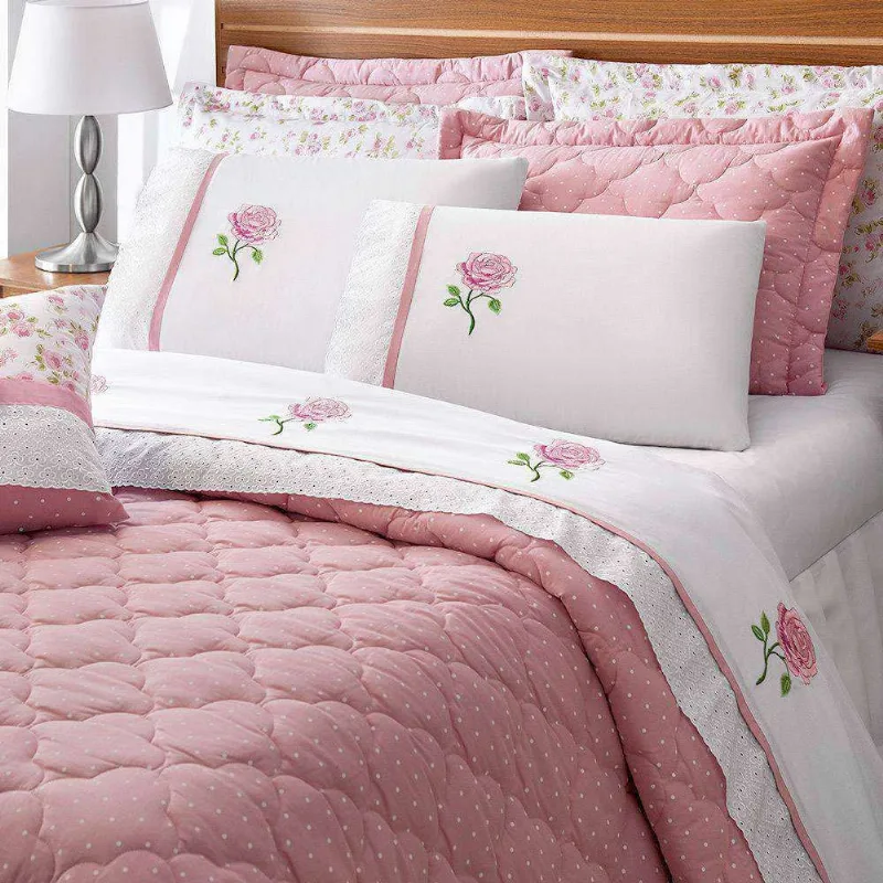 Jogo de Cama Queen 200 Fios Algodão Enxoval 7 Peças Estampas Poá e Floral