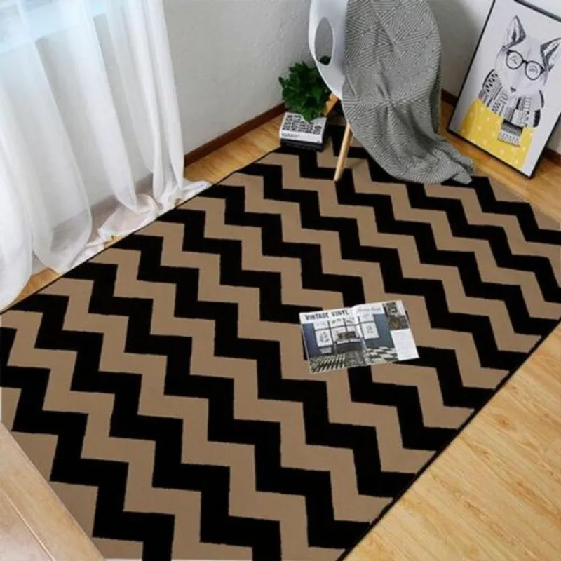 Tapete Sala Quarto ou Escritório Chevron Aintederrapante 1,4 x 2,0 m Preto e Bege Moderno Casa Dona