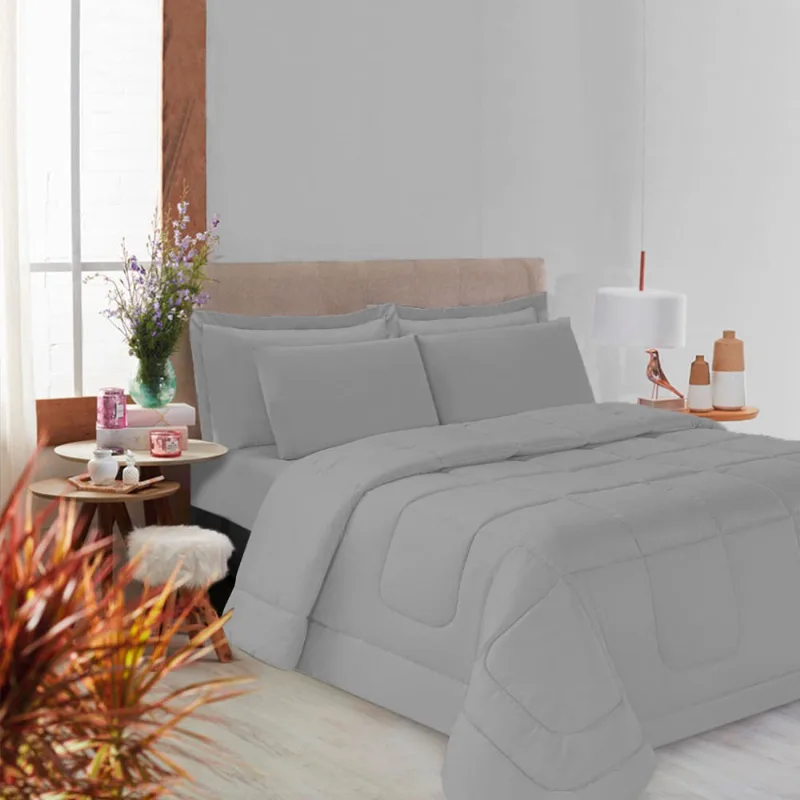 Kit Edredom Soft Casal Queen Toque Suave Cinza Casa Dona