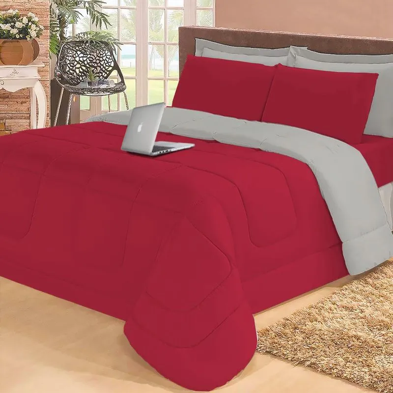 Kit 6 Pçs Aconchego Dupla Face Casal Queen Vermelho E Cinza