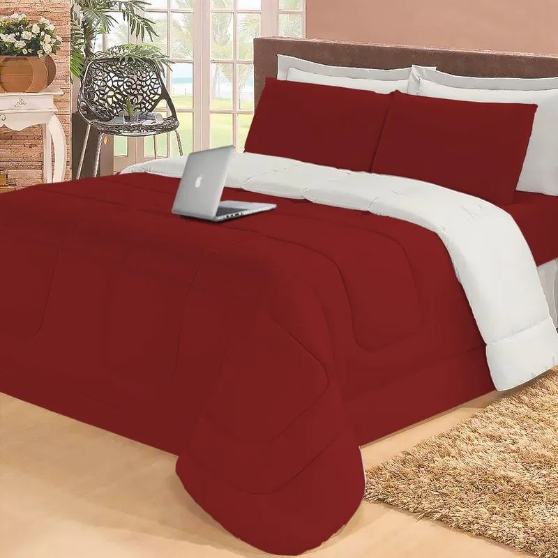 Kit 6 Pçs Aconchego Dupla Face Casal Queen Vermelho E Palha