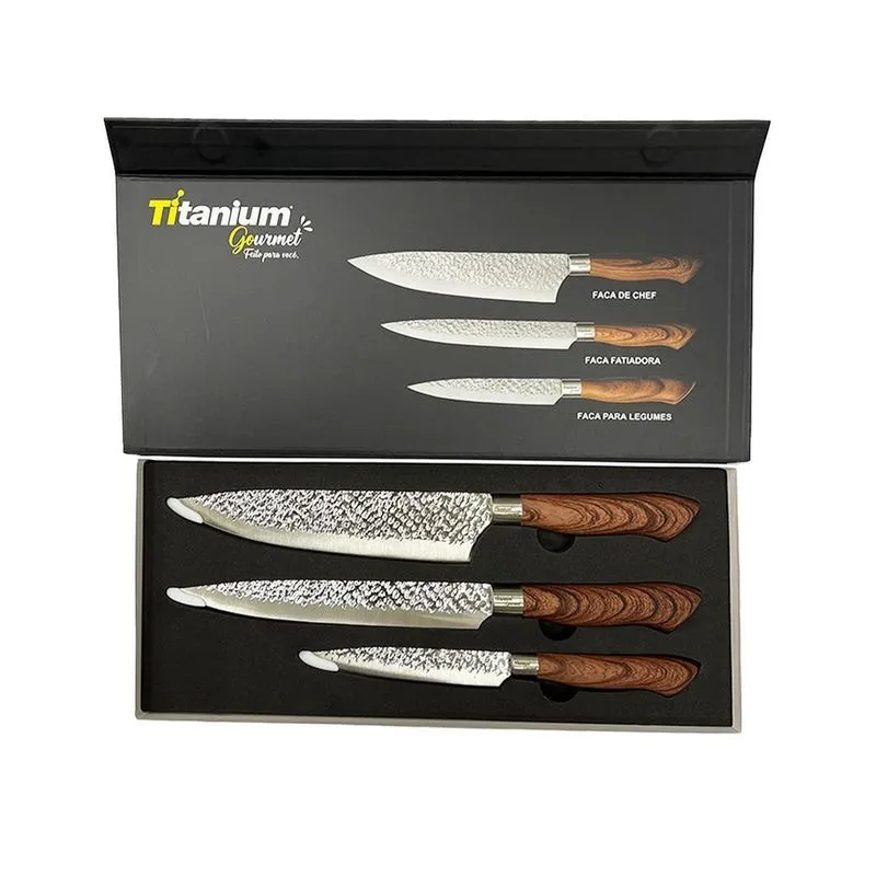 Kit De Facas Premium Aço Inoxidável Titanium Gourmet 3 Peças