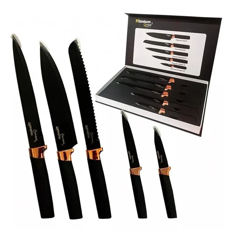 Kit De Facas Premium Aço Inoxidável Titanium Gourmet 5 Peças