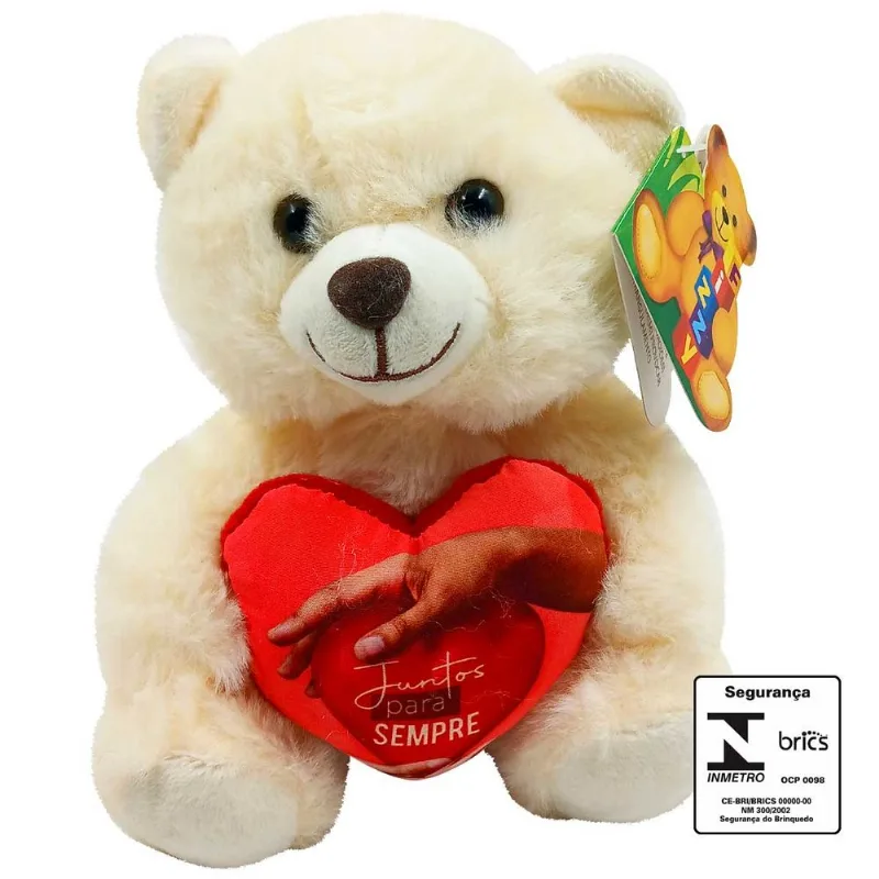 Urso de Pelúcia C/ Coração 15cm em Poliéster Fizzy-Creme