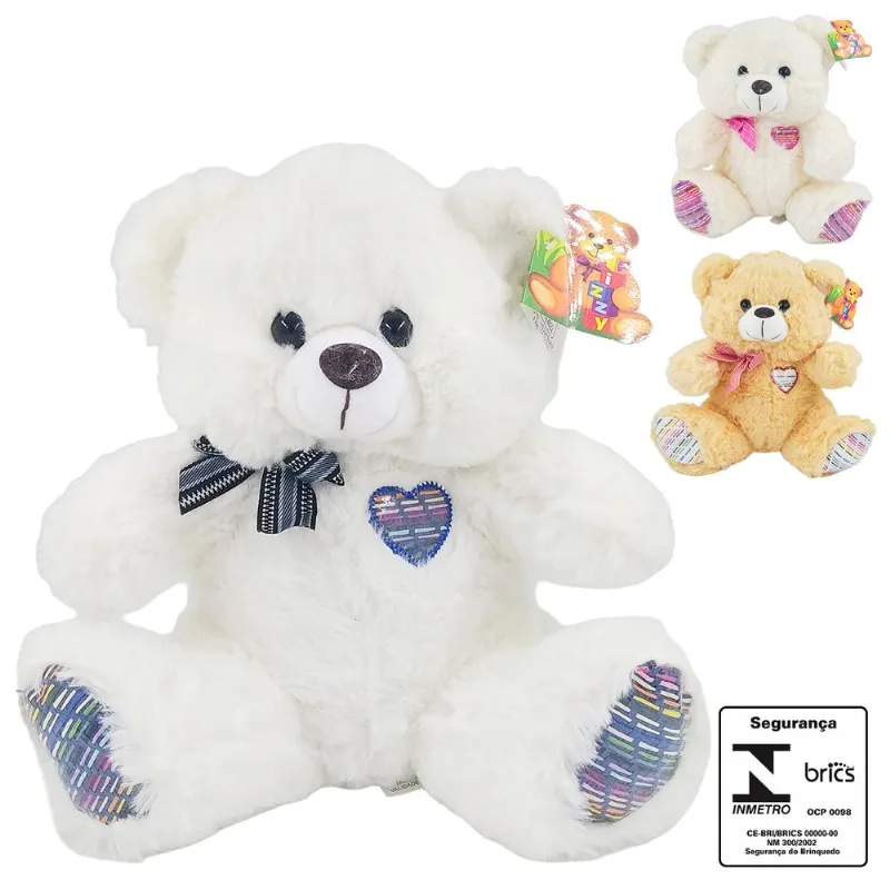 Urso de Pelúcia C/ Laço 28cm em Poliéster Fizzy-Sortido