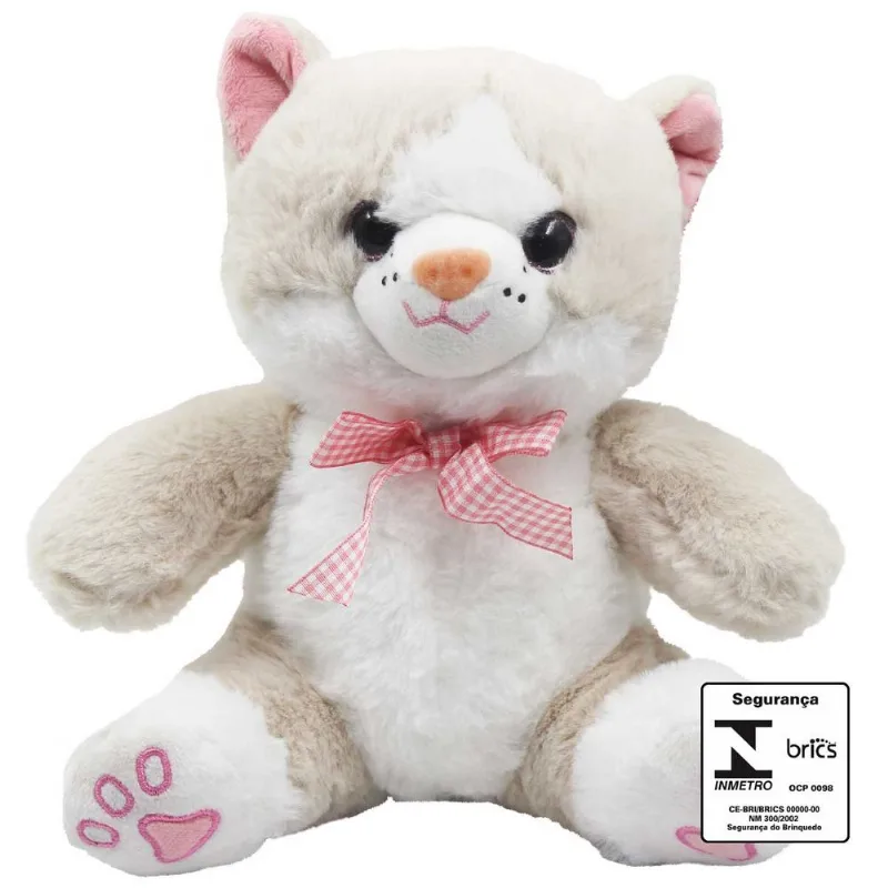 Gato de Pelúcia C/ Laço 24cm em Poliéster Fizzy-Creme