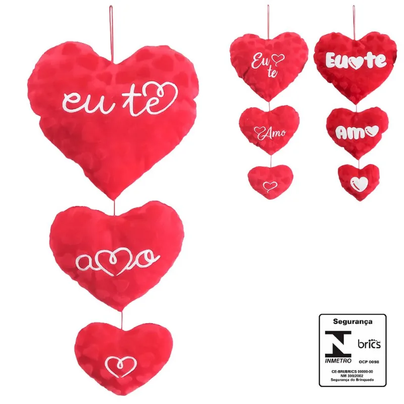 Coração de Pelúcia Decorativo P/ Parede 74x32x11cm em Poliéster Fizzy