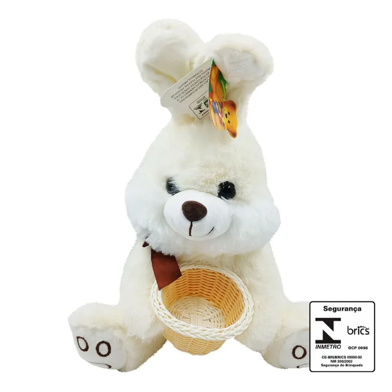 Coelho De Pelúcia C/ Cesta 35cm em Poliéster Fizzy-Branco