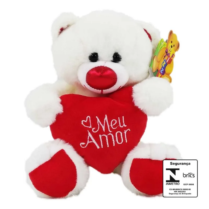 Urso de Pelúcia C/ Coração Meu Amor 20cm em Poliéster Fizzy-Branco