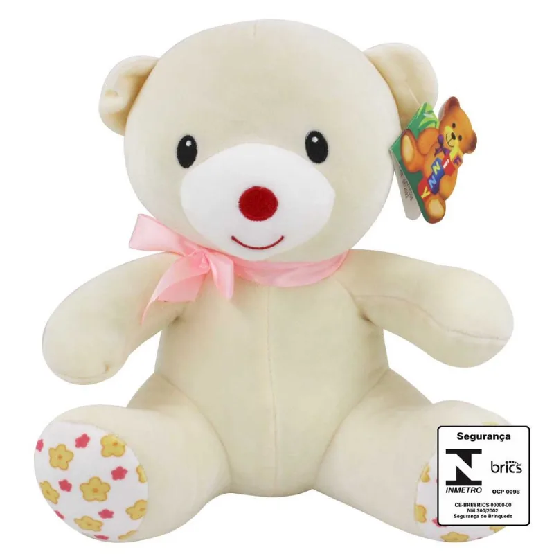Urso de Pelúcia C/ Laço 25cm em Poliéster Fizzy-Creme