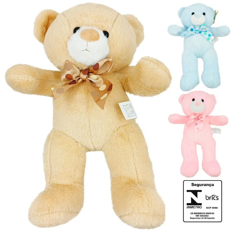 Urso De Pelúcia C/ Laço 25cm em Poliéster Fizzy-Cores Sortidas