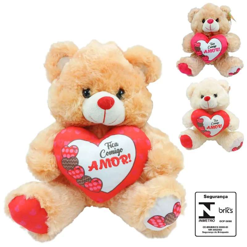 Urso de Pelúcia C/ Coração 30cm em Poliéster Fizzy SORTIDOS