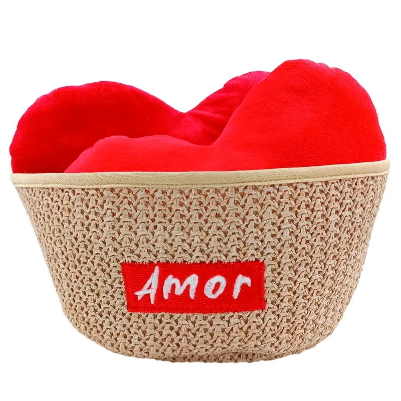 Almofada Coração de Pelúcia C/ Cesto 25cm em Poliéster Fizzy