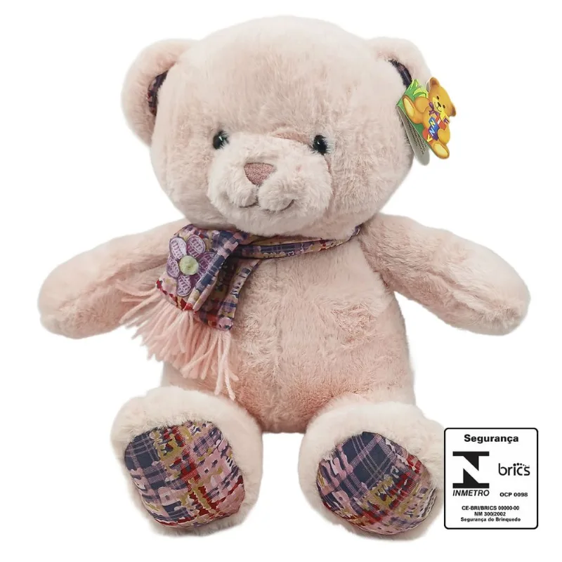 Urso de Pelúcia C/ Cachecol 33cm em Poliéster Fizzy-Rosa