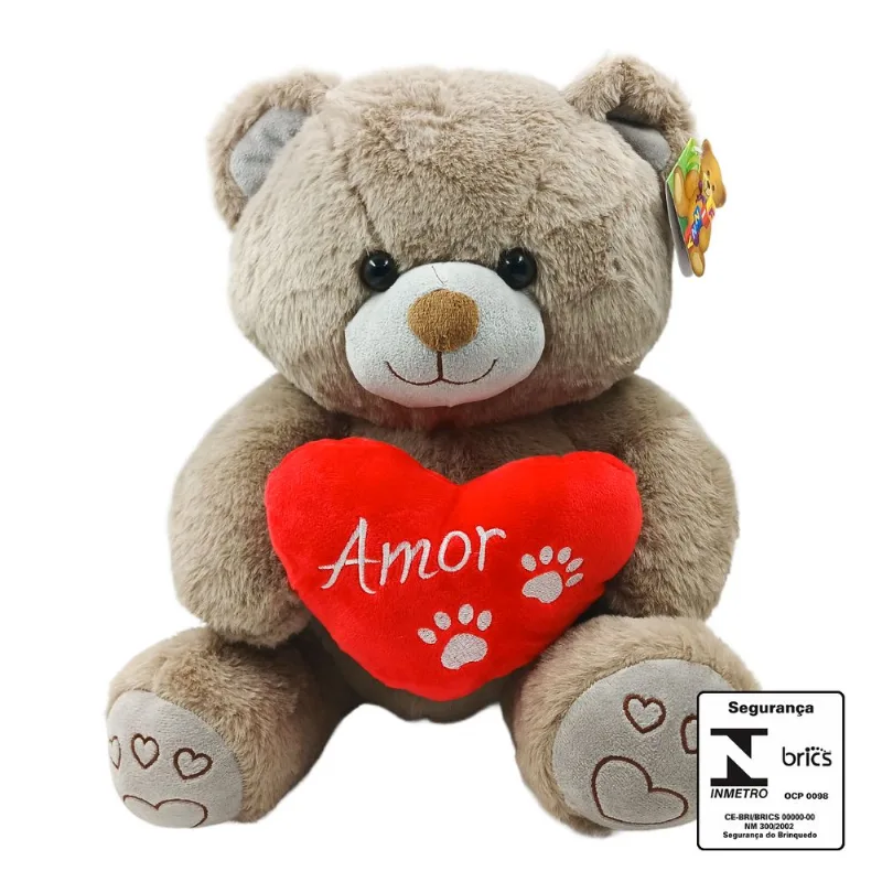 Urso de Pelúcia Coração 36cm em Poliéster Fizzy-Cinza