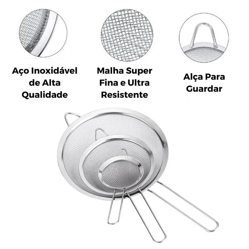 Kit 3 Peneiras Todos Tamanhos Aço Inox Premium Dia A Dia