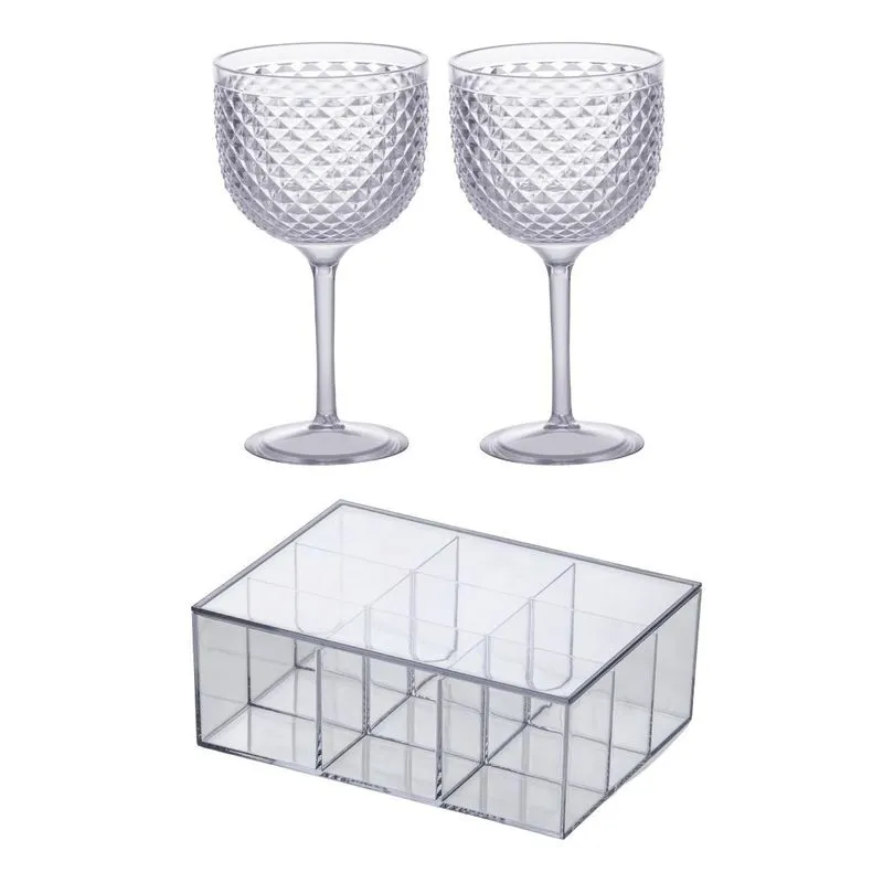 Kit Caixa Organizadora 9 Divisorias Temperos Gin + 2 Taças