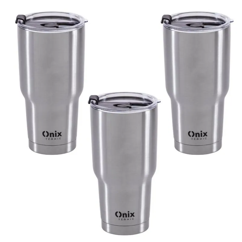 Kit 3 Copos Térmicos Aço Inox 870ml Água Cerveja Tampa Onix