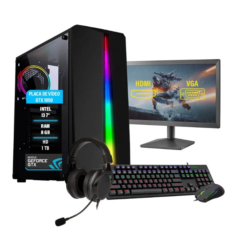 Pc Gamer Completo I3 7100 8Gb gtx 1050 HD 1TB ssd 120GB Monitor 19