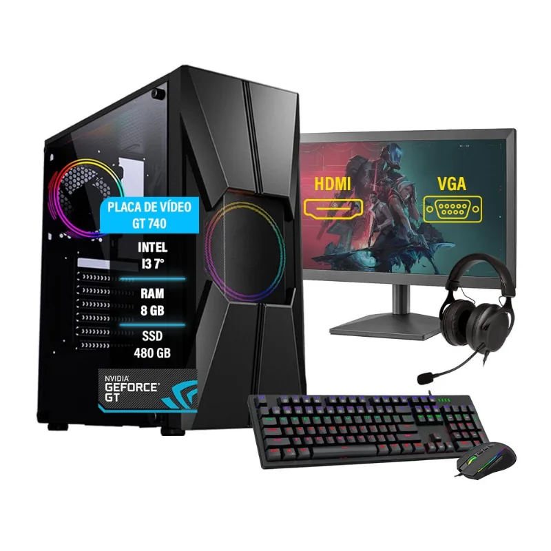 Pc gamer completo i3 7° gt 740 8GB ssd 480GB Monitor 19''