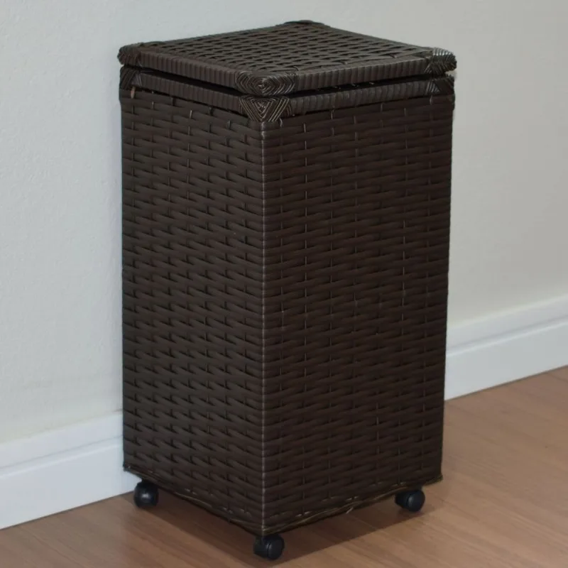 Cesto Roupa Junco Vime Fibra Sintética 30x30x60 C/rodinhas Marrom Escuro - Argila