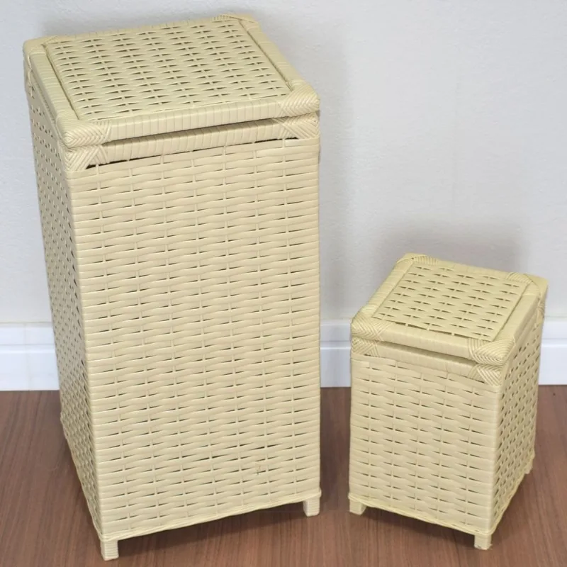 Kit Cesto Roupas 30x30x60 e Lixeira 20x20x30 Bege - Palha