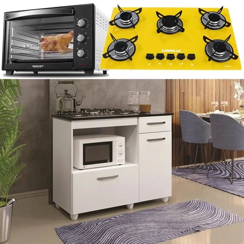 Kit Balcão Branco Com Forno 48 Litros 110v e Fogão 5 Bocas Amarelo