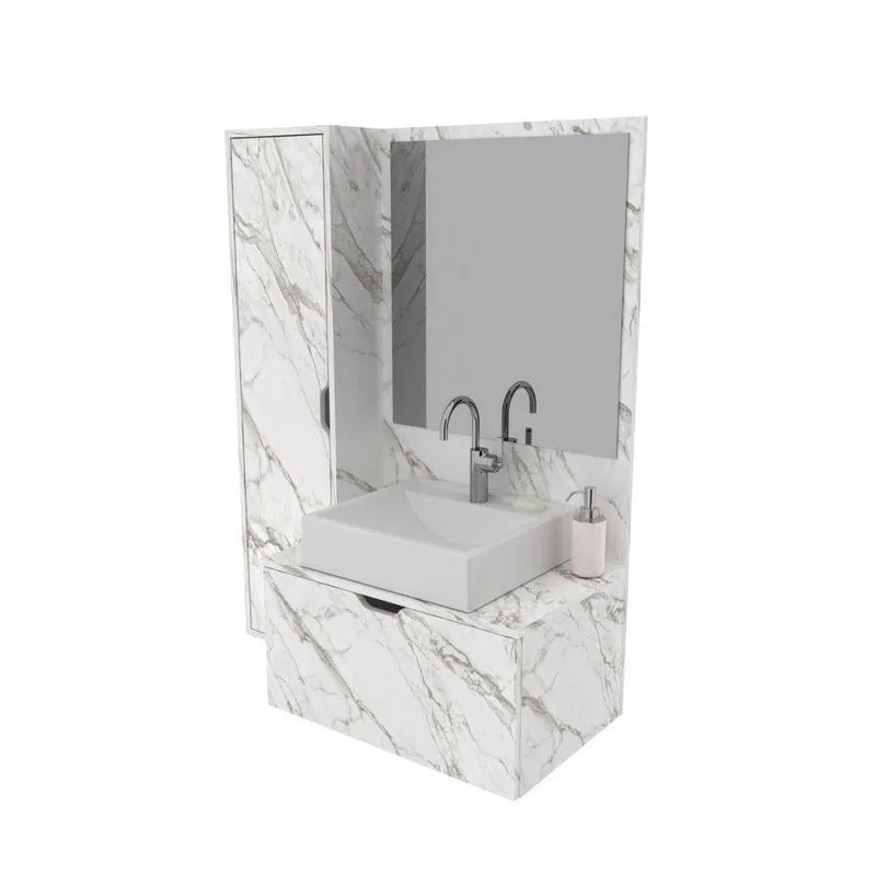 Gabinete Para Banheiro Com Espelho 90x115cm Mármore Branco tecno Mobili